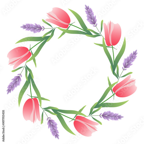 Circular plant-themed frame with vibrant green leaves and flowers tulip and lavender. Abstract botanical design suitable for banners, invitations, and greeting cards. Vector vector art