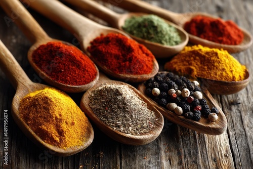 Fototapeta Naklejka Na Ścianę i Meble -  A colorful array of spices in wooden spoons arranged on rustic wooden surface, creating an inviting and vibrant culinary display of flavors and ingredients.