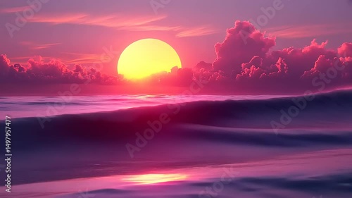 A mesmerizing sunset over the ocean with vibrant pink and purple hues painting the sky and water