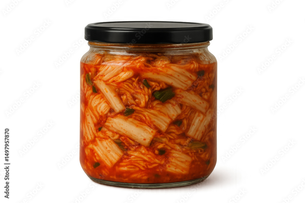 Glass jar filled with kimchi on transparent background Glass jar filled with kimchi on transparent background