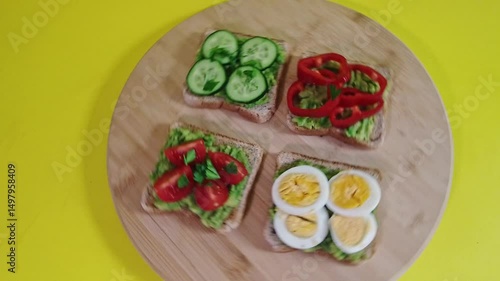 Wallpaper Mural Close up of an avocado toast with cherry tomato, boiled egg, red pepper and cucumber on wooden plate. spinning Torontodigital.ca