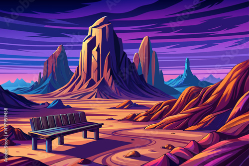  Barren Landscape with Bench on Barren formation under a strange purple and blue colored sky 