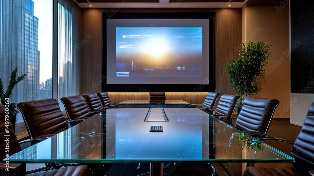 Naklejka premium Sleek conference room with glass table, chairs, and a city view.