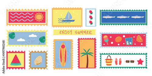 Summer time stickers in wavy frame set. Sun, sailboat, watermelon, glasses, palm, sardines, citrus, seashell, slingback, surfboard. Vector illustration 