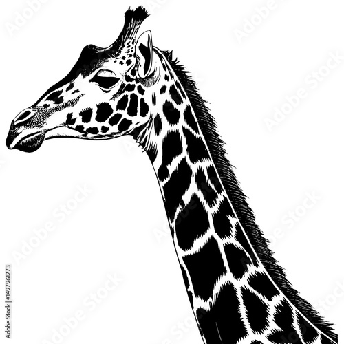 Giraffe head and neck silhouette icon, black, isolated, white background.