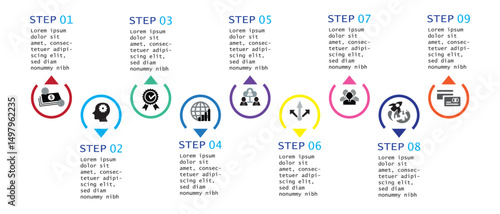 Colorful 9-step infographic with icons and arrows, ideal for business presentations, process flows, and modern workflow visualization in a clean, minimal layout.








