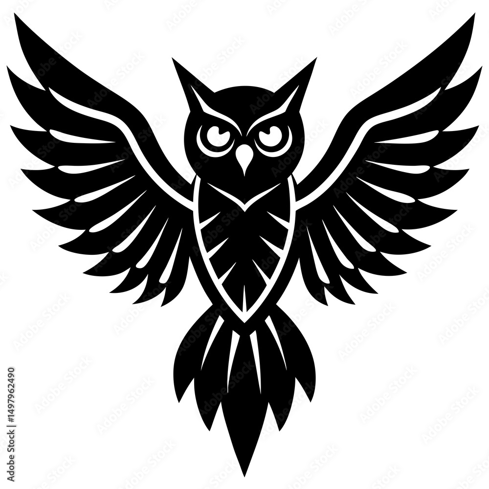 Obraz premium An owl with spread wings silhouette on white background