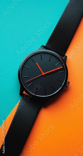 Black wristwatch with teal orange background.