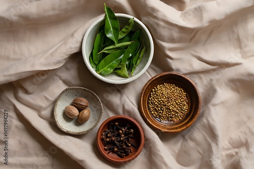 Wallpaper Mural Assortment of spices and green leaves in bowls arranged on a neutral linen cloth Torontodigital.ca
