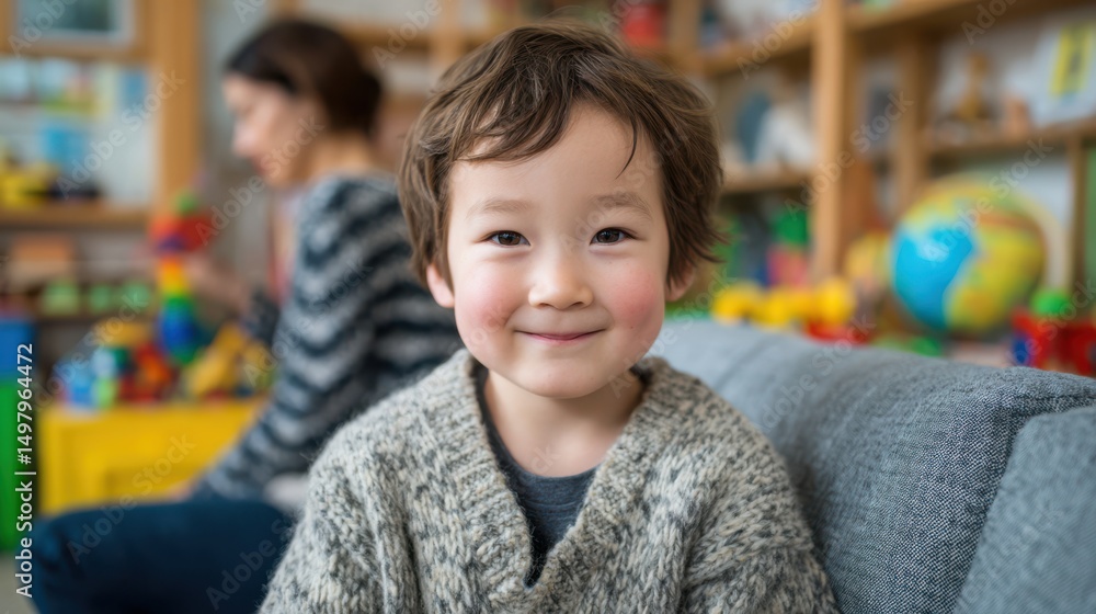 Joyful child smiles while playing in a vibrant room filled with toys. A parent is seated nearby, engaged in their own activities. The atmosphere is warm and inviting Joyful child smiles while playing in a vibrant room filled with toys. A parent is seated nearby, engaged in their own activities. The atmosphere is warm and inviting