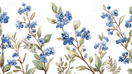  Blue beautiful branches of forget-me-nots with wild herbs on transparent background