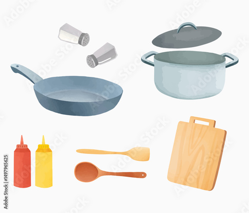 Cute kitchenware watercolor illustration collection set. Vector of kitchen utensils with pot, frying pan, seasoning, cutting board hand drawn for poster, cooking, asset, element, design