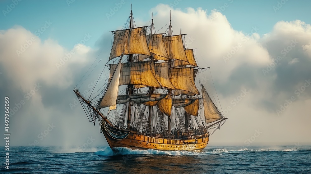 Fototapeta premium Historic sailing vessel, powerful and majestic, cutting through a foggy sea