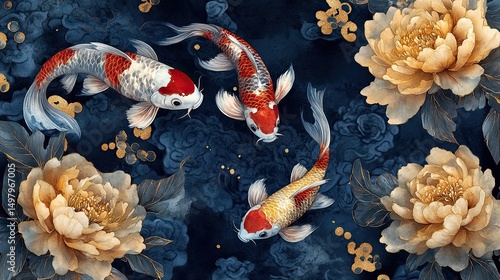 Fototapeta Naklejka Na Ścianę i Meble -  Koi Fish and Peonies in a Decorative Design