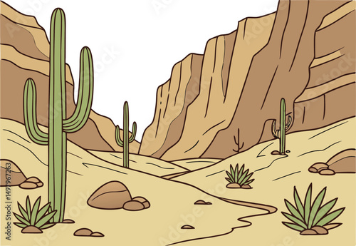 Landscape in desert with sand and stones. Thickets of cacti, Rocks and cliffs Cartoon fun style vector illustration.