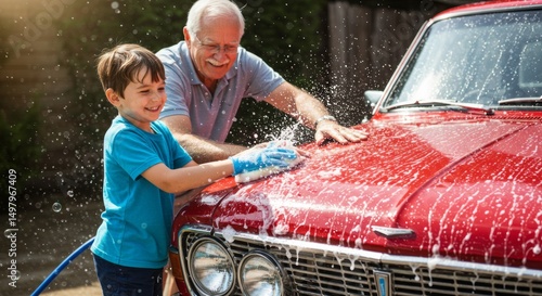 Grandfather and grandson washing a classic red car together in sunlight