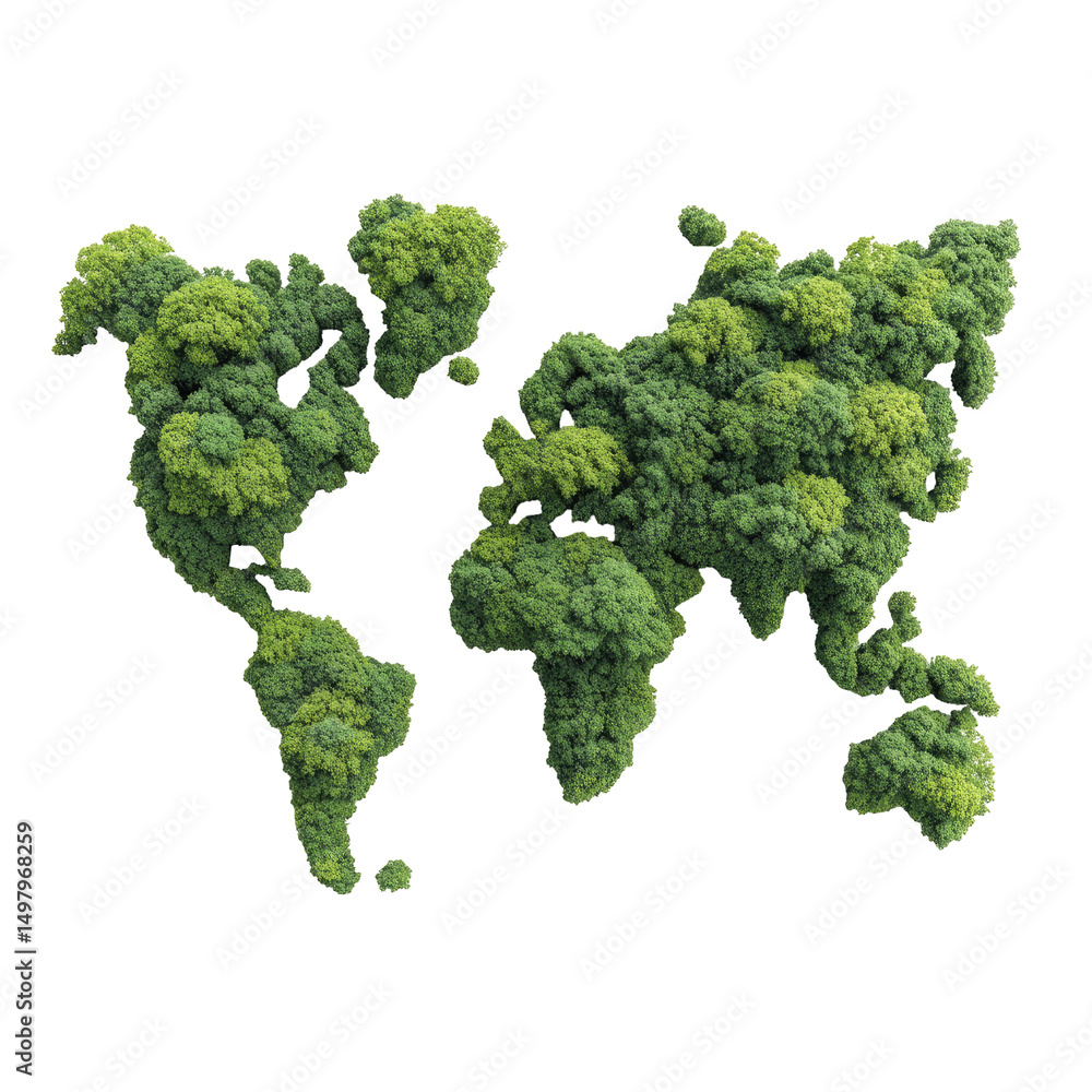 A stylized world map formed entirely from lush, green foliage, suggesting a planet covered in vegetation