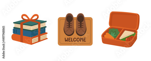 back to school elements, book gift stack, welcome mat with shoes, and lunch box flat vector illustration