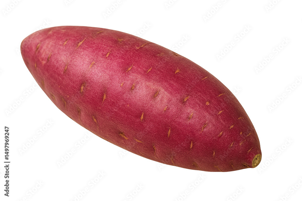 Single Sweet Potato: A vibrant, single sweet potato, showcasing its rich, reddish-purple hue and smooth skin, sits against a plain background. Single Sweet Potato: A vibrant, single sweet potato, showcasing its rich, reddish-purple hue and smooth skin, sits against a plain background.