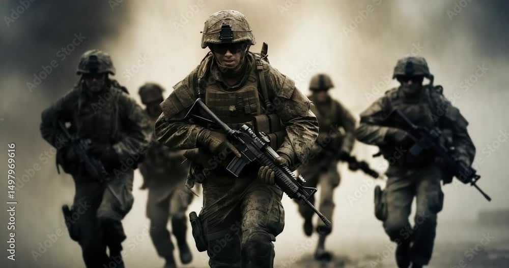 A squad of soldiers in combat, sprinting forward with weapons ready and focused. A squad of soldiers in combat, sprinting forward with weapons ready and focused.