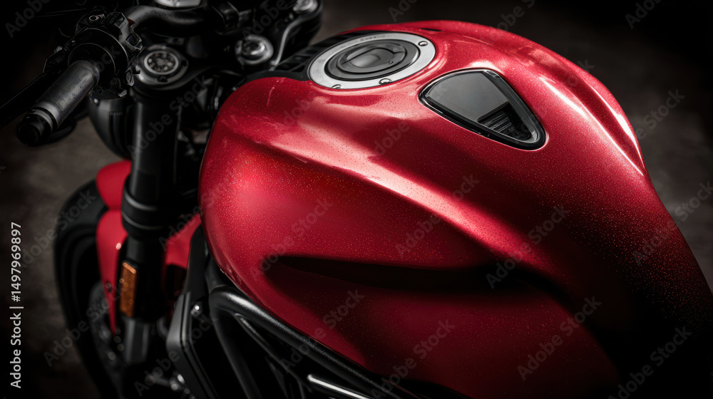 A close-up view captures the intricate details of a motorcycle tank in metallic red color. Smooth contours and a refined aesthetic highlight the quality of design and engineering A close-up view captures the intricate details of a motorcycle tank in metallic red color. Smooth contours and a refined aesthetic highlight the quality of design and engineering