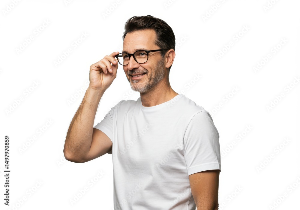 Fototapeta premium Smiling man wearing glasses and a white t-shirt isolated on white background