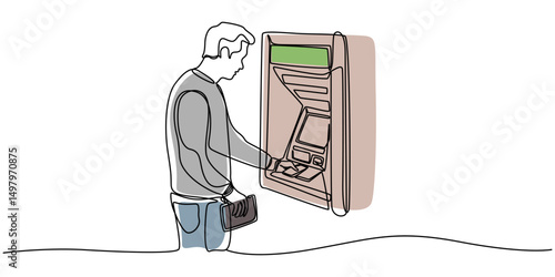 continuous line of man taking money from the ATM, Continuous line of man taking money from the ATM, Handsome man taking money from the ATM. Professional illustration isolated on white background.