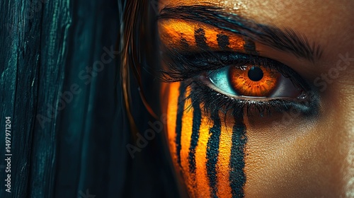 Close-up of a woman's face with dramatic, orange-and-black paint, focusing on an intense amber eye