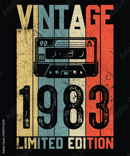 Vintage 1983 Limited Edition Retro T Shirt Design, Vector, Black Background