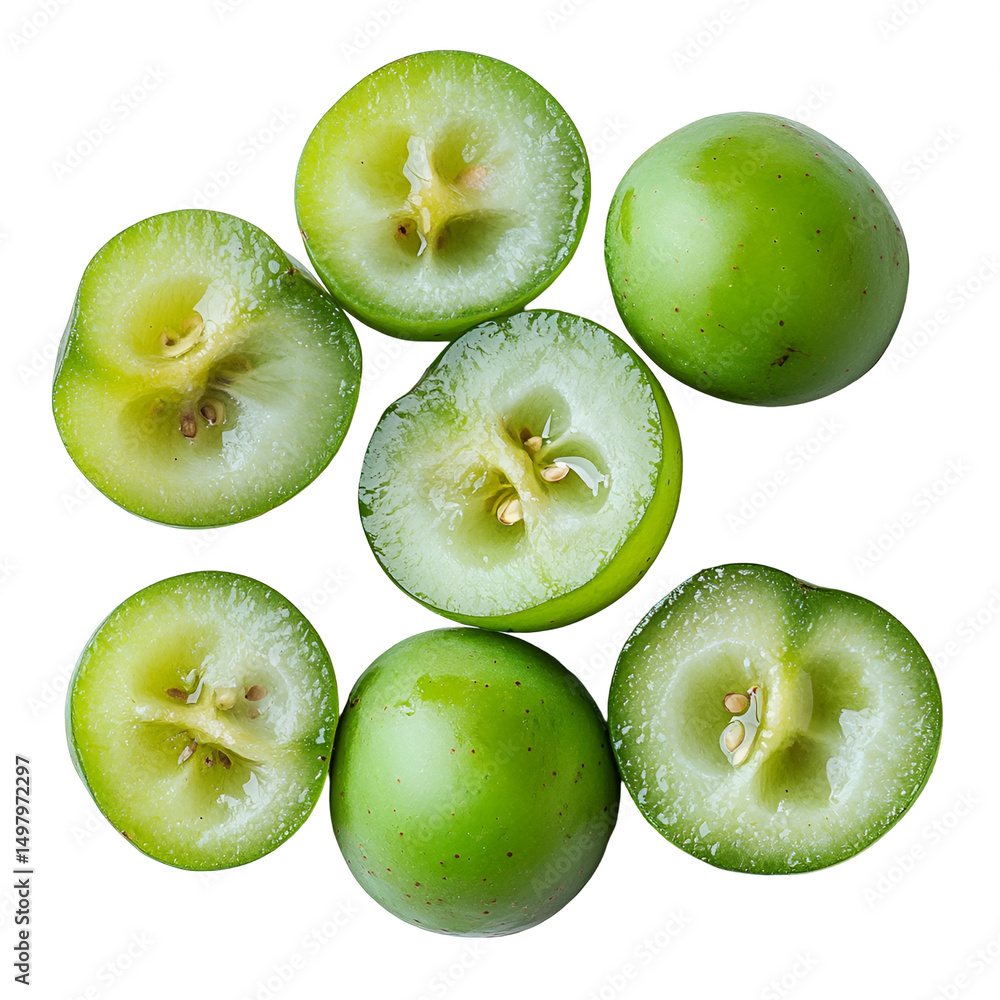 Green grapes halved and whole on black background Green grapes halved and whole on black background