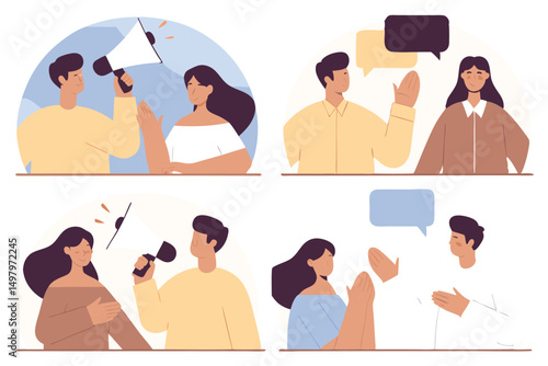 Communication and relationships illustrated with speech bubbles and megaphone in minimal style