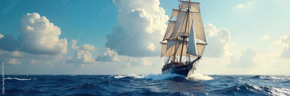 Obraz premium A majestic sailing ship cuts through the ocean waves, its sails billowing in the wind, a dramatic display of nautical power and grace under a vast sky , sky, barque, rigging