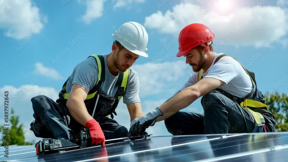 Two workers in safety gear are installing solar panels on a rooftop under a bright, blue sky. Two workers in safety gear are installing solar panels on a rooftop under a bright, blue sky.