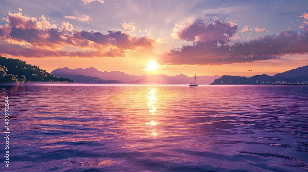 Obraz premium Serene sunset over a tranquil lake with a sailboat