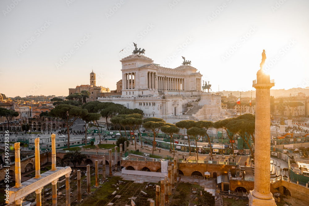 Obraz premium View of Capitoline Hill, Church of Santi Luca e Martina, and the majestic Altare della Patria bathed in golden light, with Roman pines and birds gliding above the rooftops