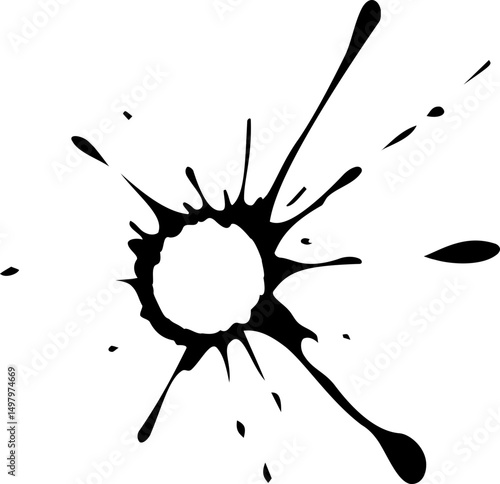 Tight ink spatter with clustered droplets surrounding a hollow circular core.
