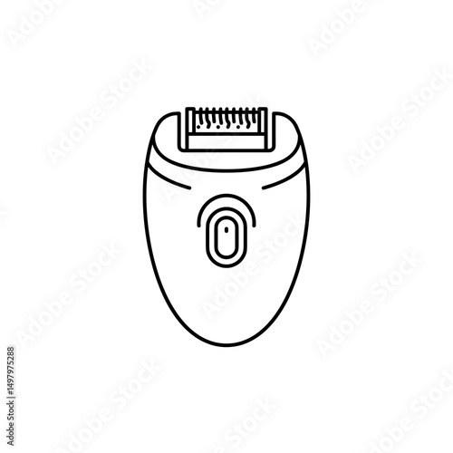 Electric hair removal device in minimalist line art design. Black and white minimalistic line icon, editable SVG.