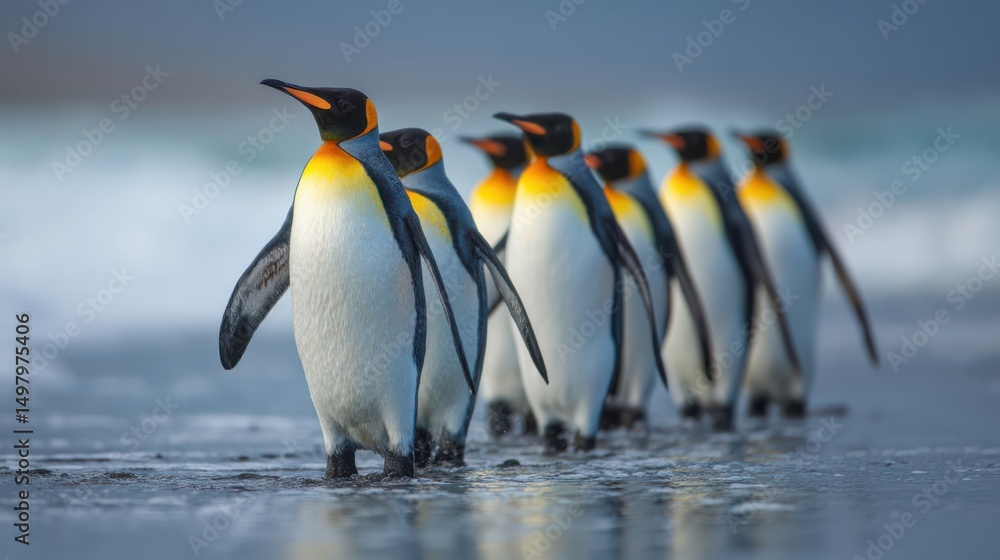 Obraz premium A group of six penguins walks gracefully along the wet sand by the ocean. The early morning light casts a gentle glow, highlighting their vibrant colors and features