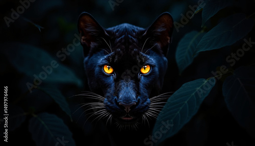Black panther's glowing eyes close-up