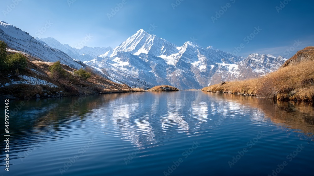 Scenic Landscape of Majestic Snow-Capped Mountains Reflected in a Tranquil Lake Under a Clear Blue Sky Scenic Landscape of Majestic Snow-Capped Mountains Reflected in a Tranquil Lake Under a Clear Blue Sky