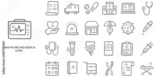 Healthcare and Medical simple concept 24 hand drawn grew color icons set .Vector illustration.