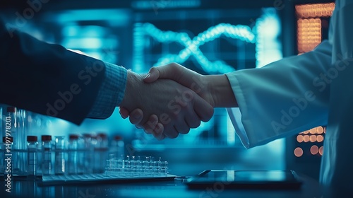 Wallpaper Mural Close-up handshake above genetics research papers, DNA sequence charts, tablet with genome analysis, in modern biotech lab with glowing equipment. Created Using: DSLR, biotech style, cool lighting, Torontodigital.ca