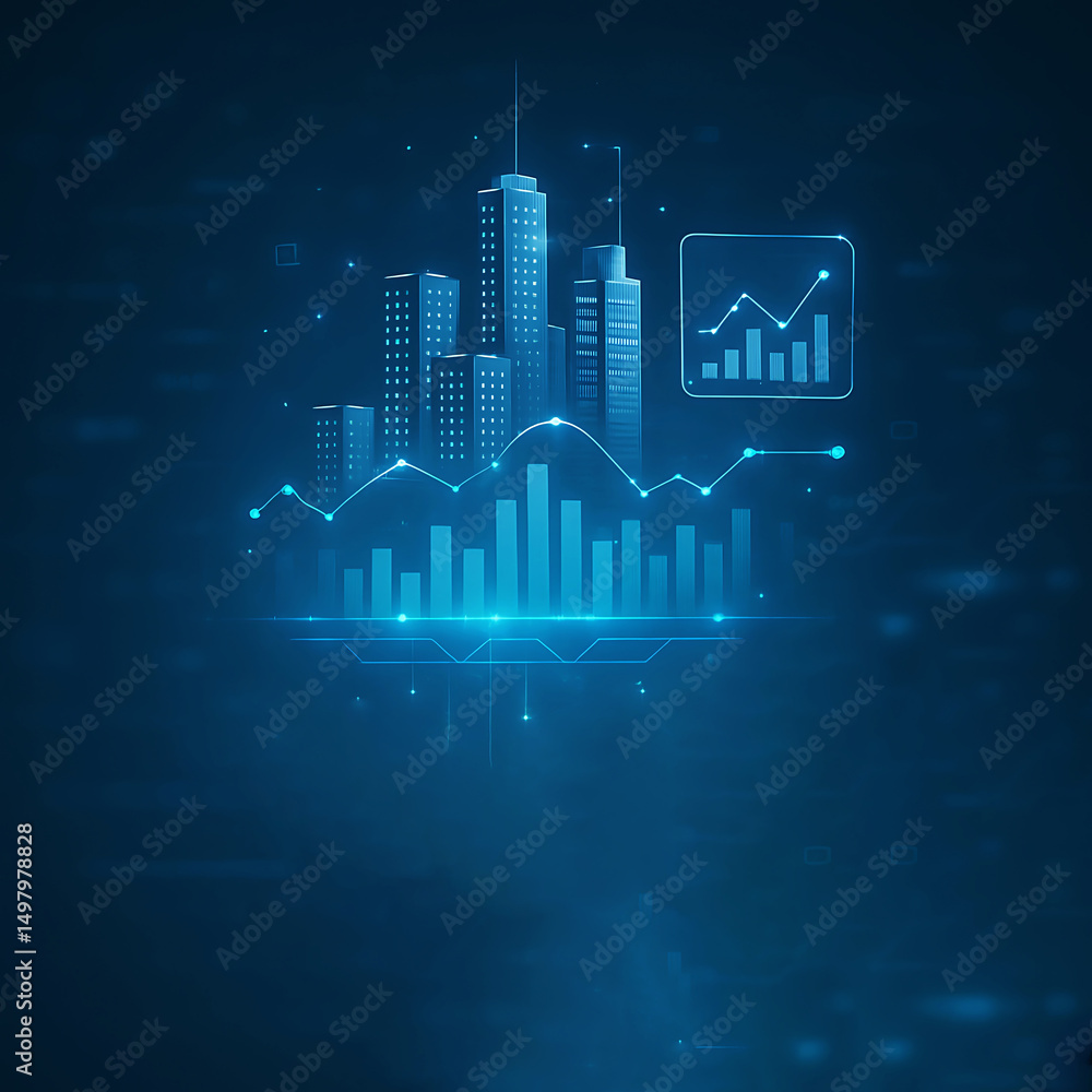 Naklejka premium Futuristic city skyline with glowing bar and line charts representing digital business analytics