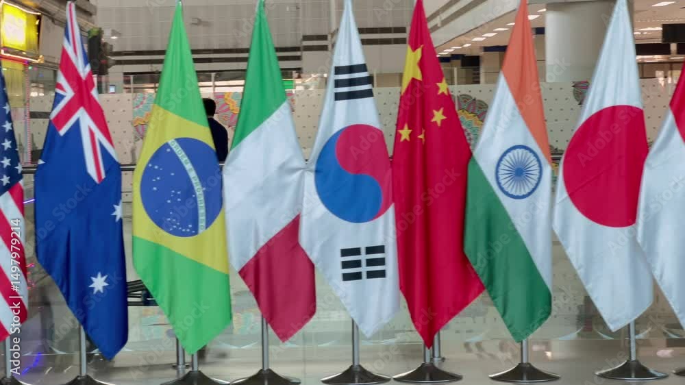 Global Unity, UNO Conference Featuring All Country Flags, Vibrant International Banners, Diplomatic Summit, Worldwide Nations, Cultural Diversity and Global Cooperation 2025 Clip 26