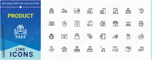 Product icon collection. It contains symbols to grocery, consumer goods, carton, box, package. Goods vector icon set. Thin UI icons. Pixel perfect. Editable stroke.