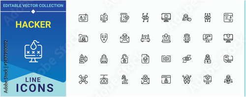 Hacker linear icon collection. Includes thin line symbols hack, fraud, crime, attack, cyber and more. Hacking icon set. Thin icons set. Editable vector stroke.