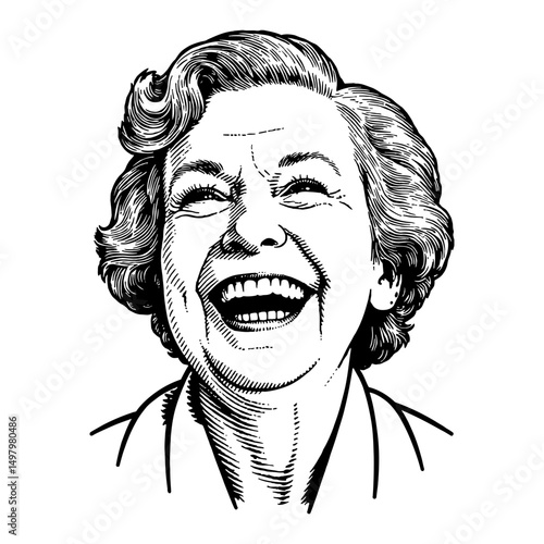 A joyful laughing grandma expression close up headshot Black and White Outline Line Art Drawing