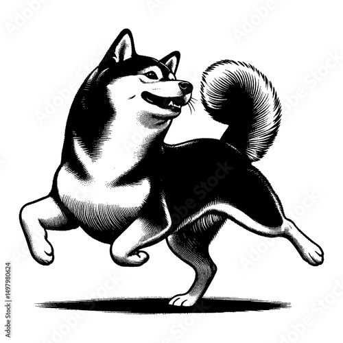 Playful Happy Dog Dancing and Prancing in a Detailed Black and White Outline Line Art Drawing Style