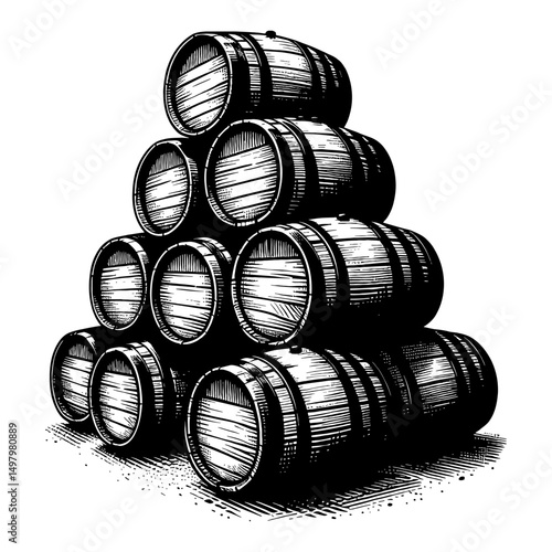 Stacked Wooden Barrels Pyramid Black and White Outline Line Art Drawing Hand Drawn Vintage Style