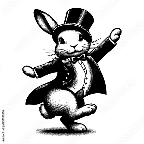 Whimsical Rabbit Wearing Vintage Suit and Top Hat Dancing Black and White Outline Line Art Drawing Character Illustration